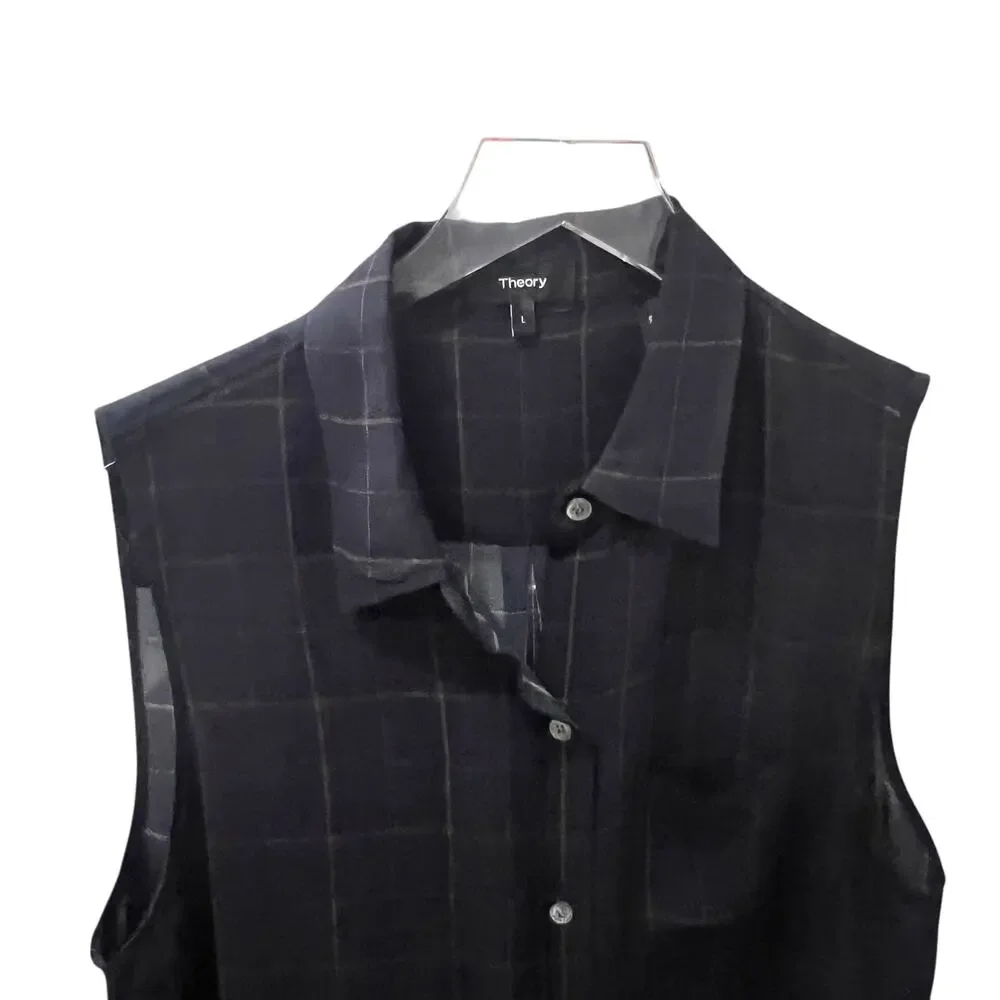 Theory Silk Blouse Tile Print Yarine Navy Blue Brown Sleeveless Size‎ L Academia
